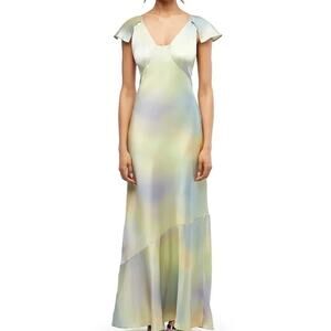 WeWoreWhat Anthropologie Yellow Silky Charmeuse Watercolor Maxi Slip Dress 6 NWT